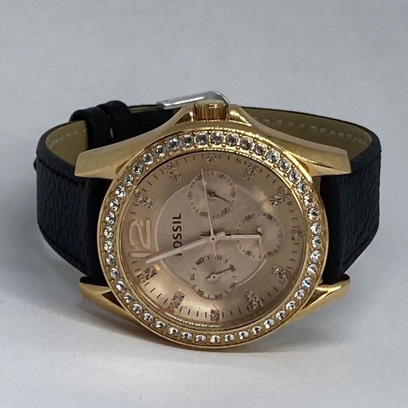 Fossil Riley ES2811 Women Black Leather Rose Gold Analog Dial Quartz Watch RK410 - Picture 7 of 12